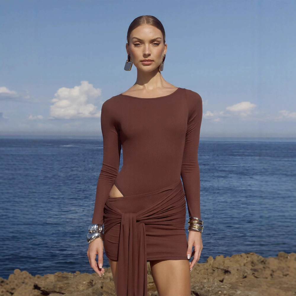 Zara Fall Winter Long Sleeve Round Neck Tie Cutout Slim Fit Bodycon Dress